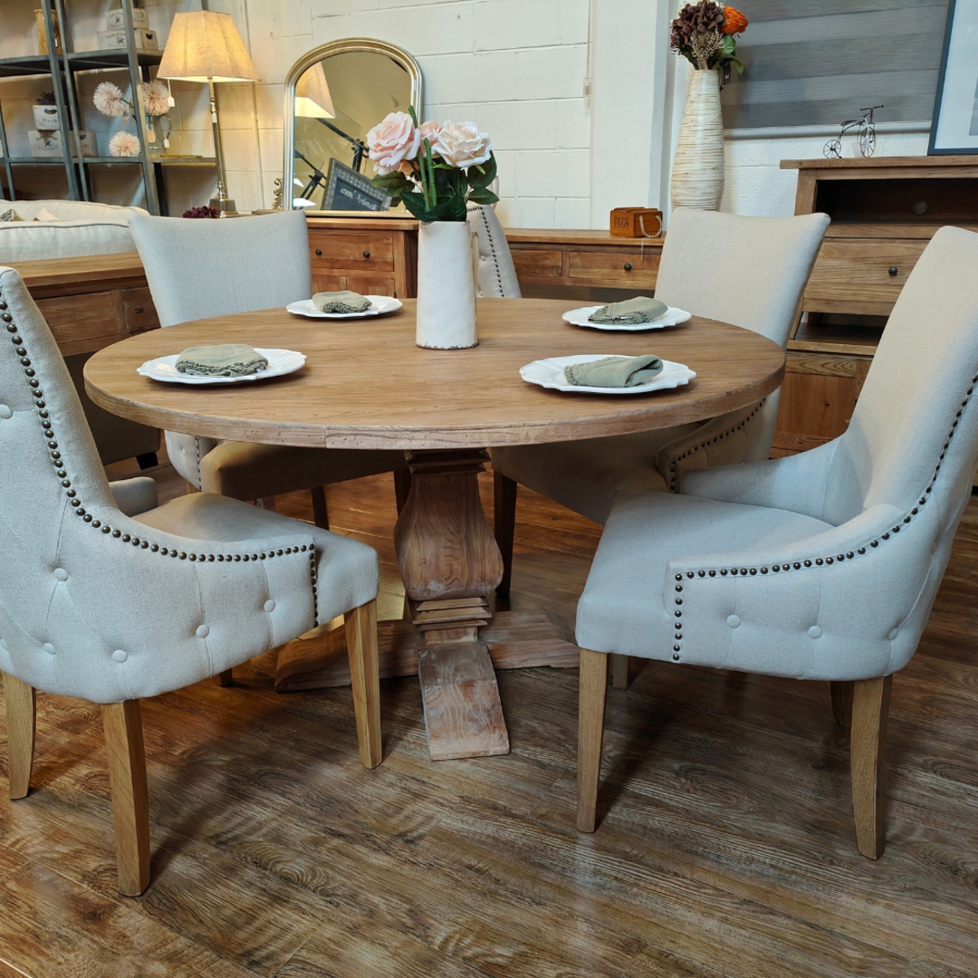 Reclaimed Elm Round Dining Table 1.4m + 4 Charleston Dining Chair Natural Linen image 0